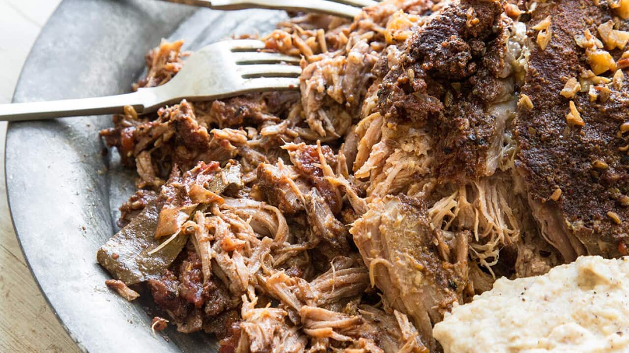 Barbecued pulled pork with cauliflower cream