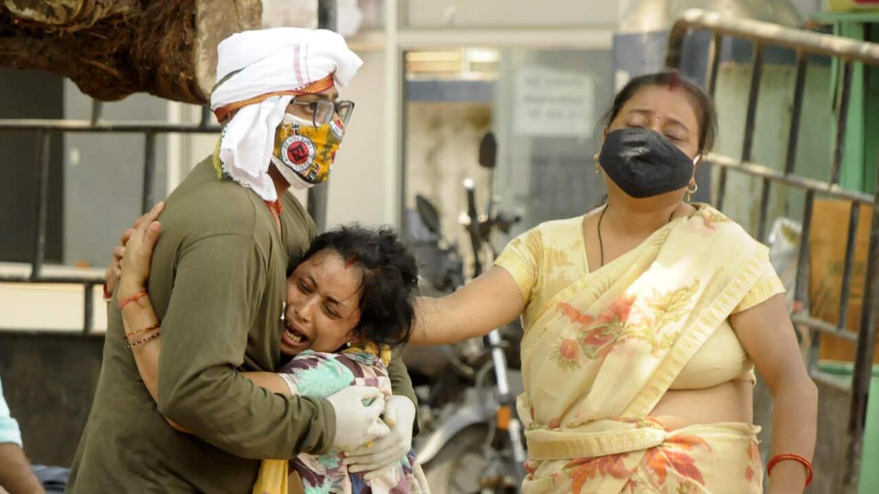 Relatives mourn the death of COVID-19 victim at Patna Medical College and Hospital, on 10 May, 2021 in Patna, India.