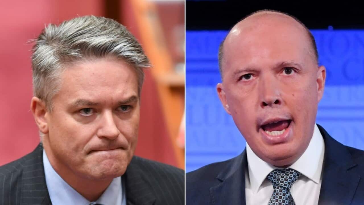 Combo image: Acting PM Mathias Cormann and Minister for Home Affairs Peter Dutton
