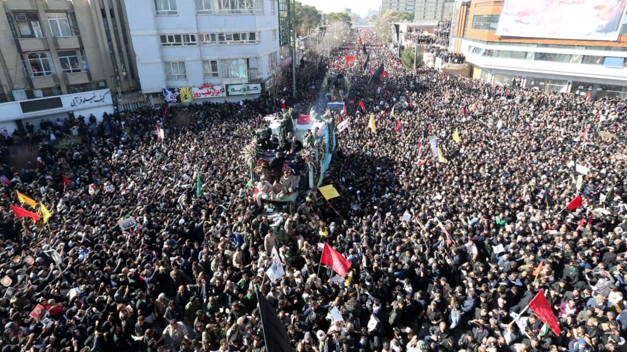 Iranians carrying the coffin of Qasem Soleimani in his home town Kerman, Iran