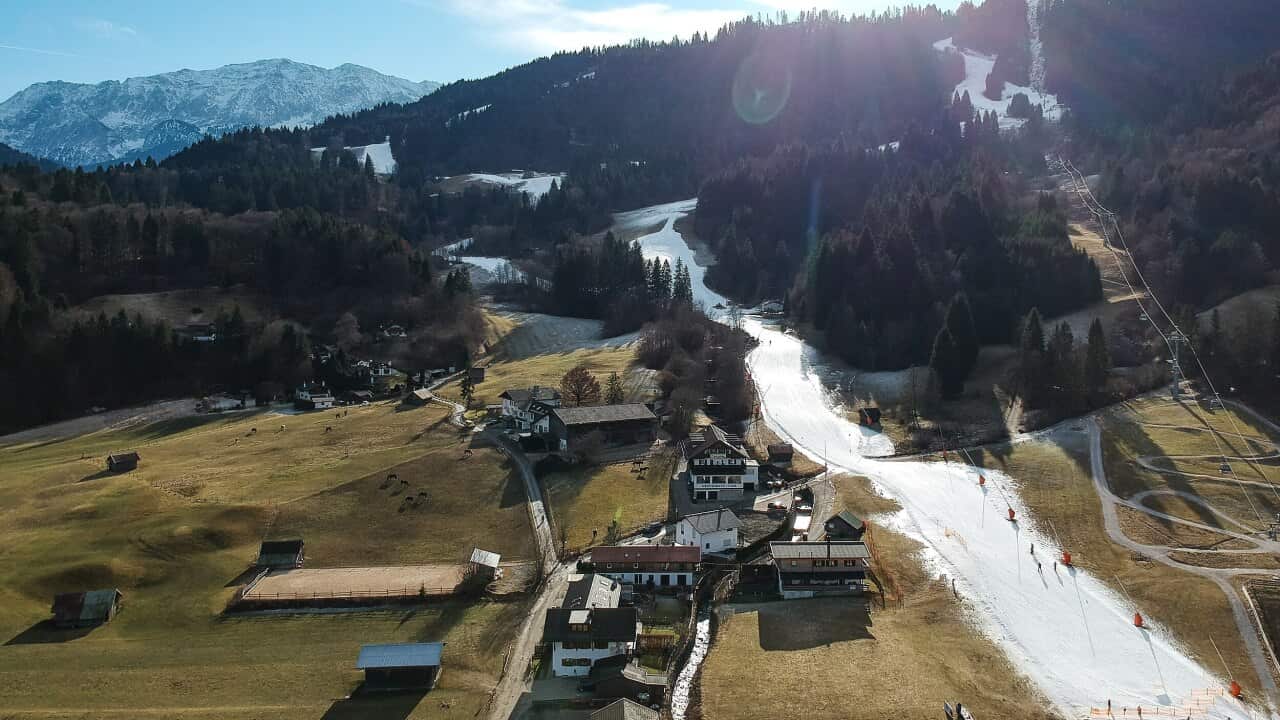 An aerial picture shows a ski slope mad of artificial snow in Garmisch-Partenkirchen, Germany, 16 January 2020.