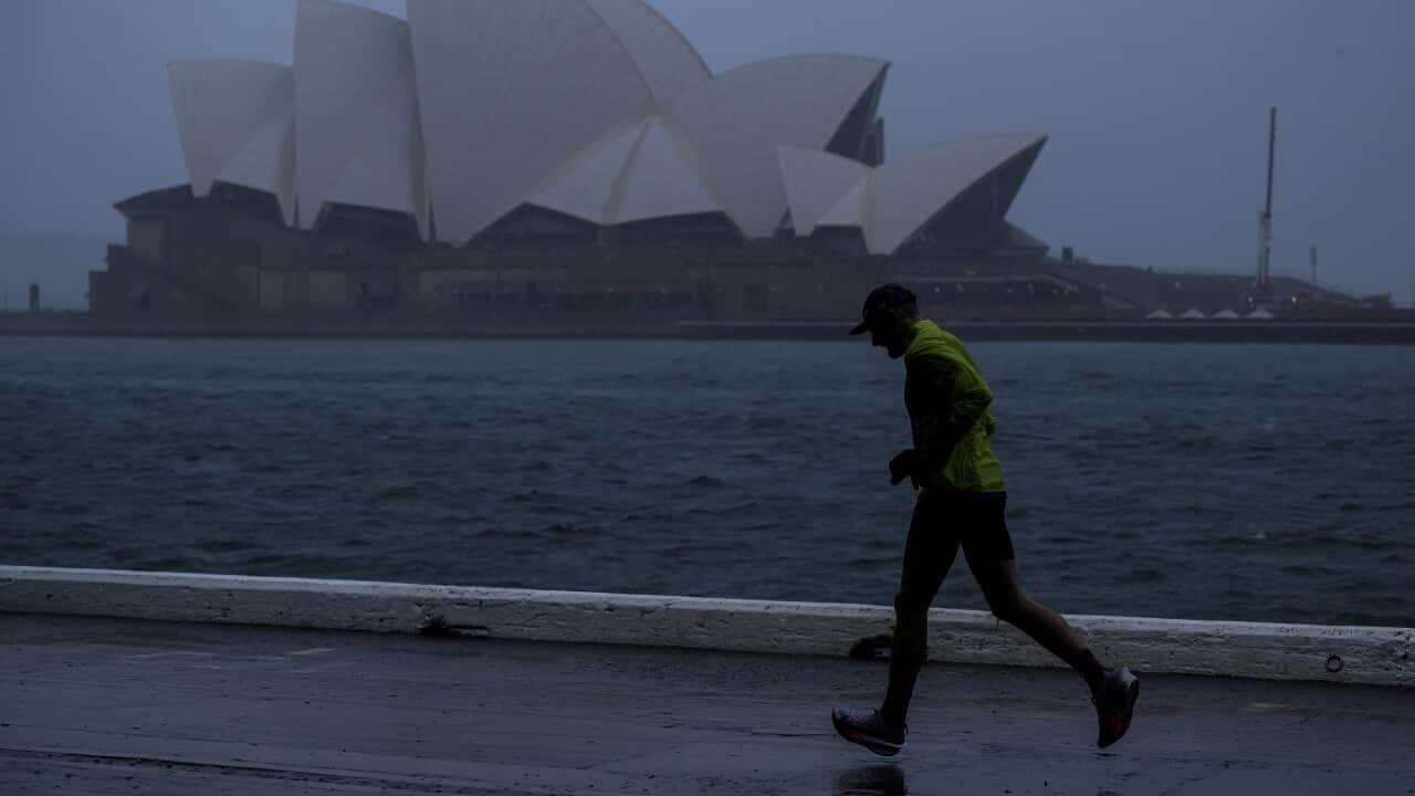 A lone jogger runs along a waterfront promenade in front of the Sydney Opera House on a grey, rainy day.