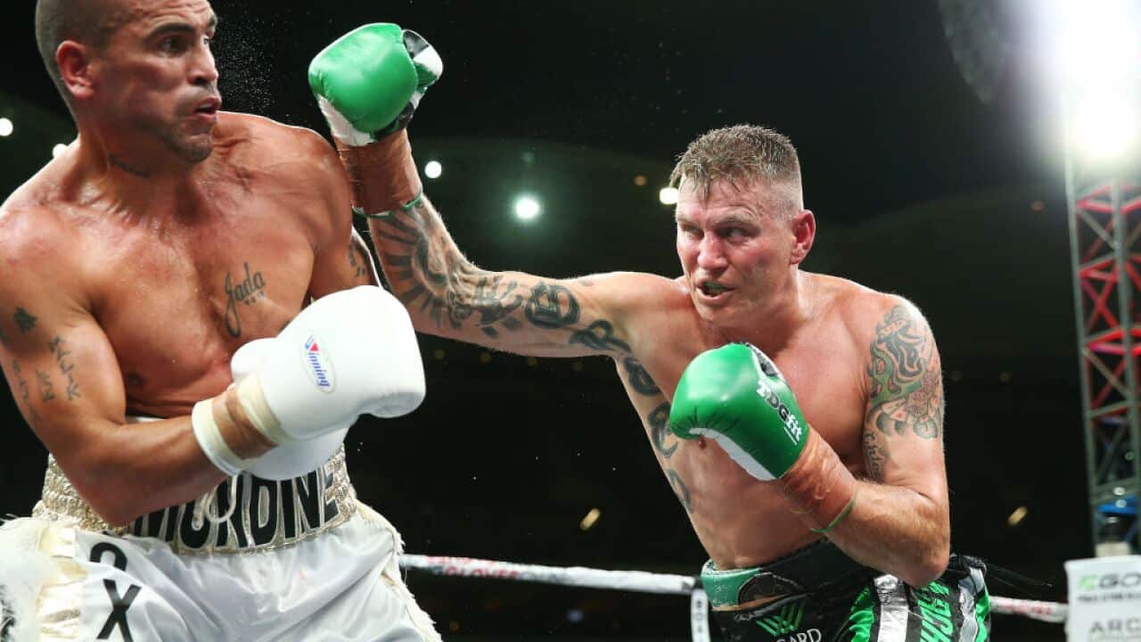 ADELAIDE, AUSTRALIA - FEBRUARY 03: Australian boxers Anthony Mundine and Danny Green fight during their cruiserweight bout at Adelaide Oval on February 3, 2017 in Adelaide, Australia. (Photo by Morne de Klerk/Getty tralian