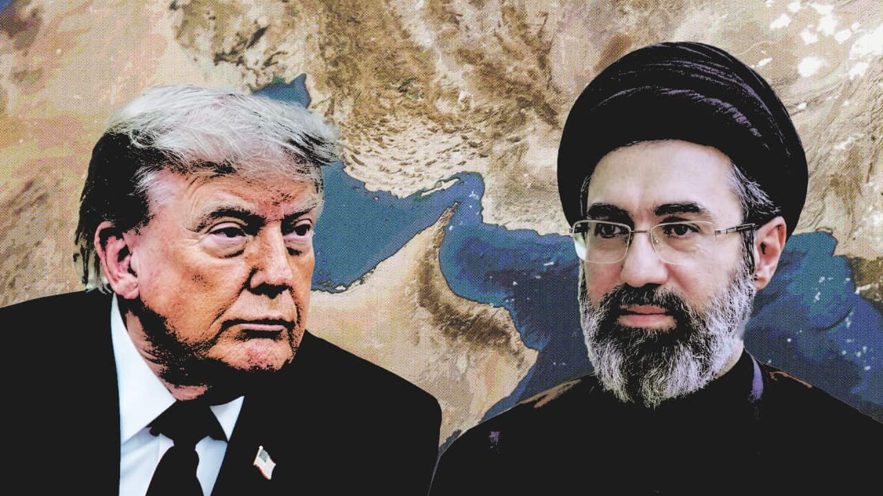 A cut-out image of US President Donald Trump and Iranian Supreme Leader Mojtaba Khamenei over a topographical image of the Strait of Hormuz.