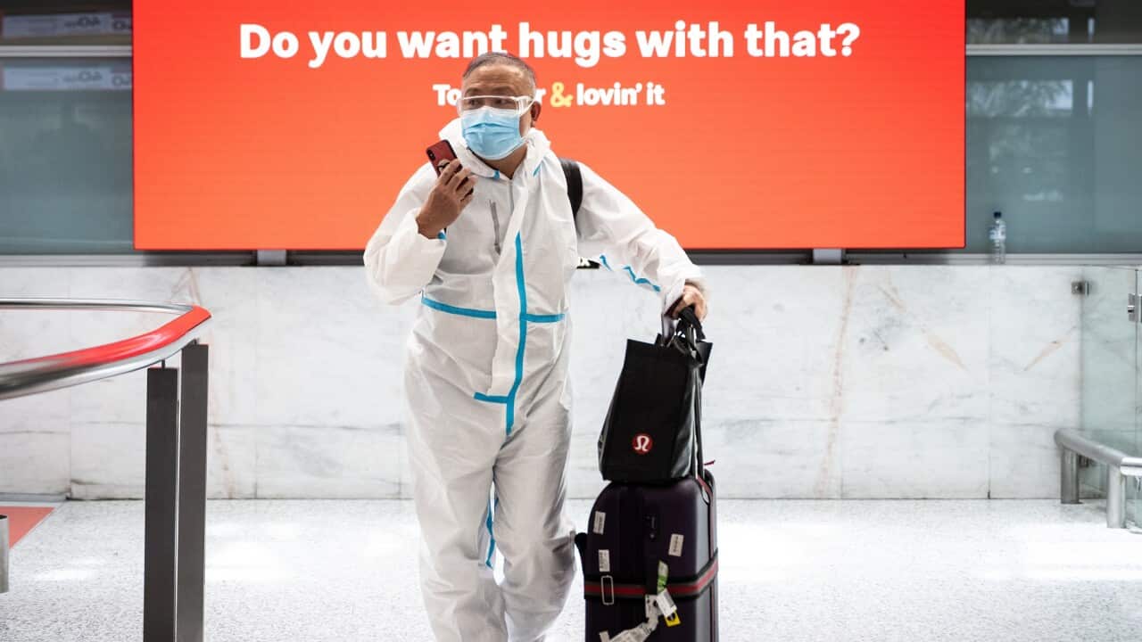 People wearing PPE arriving at Sydney International Airport