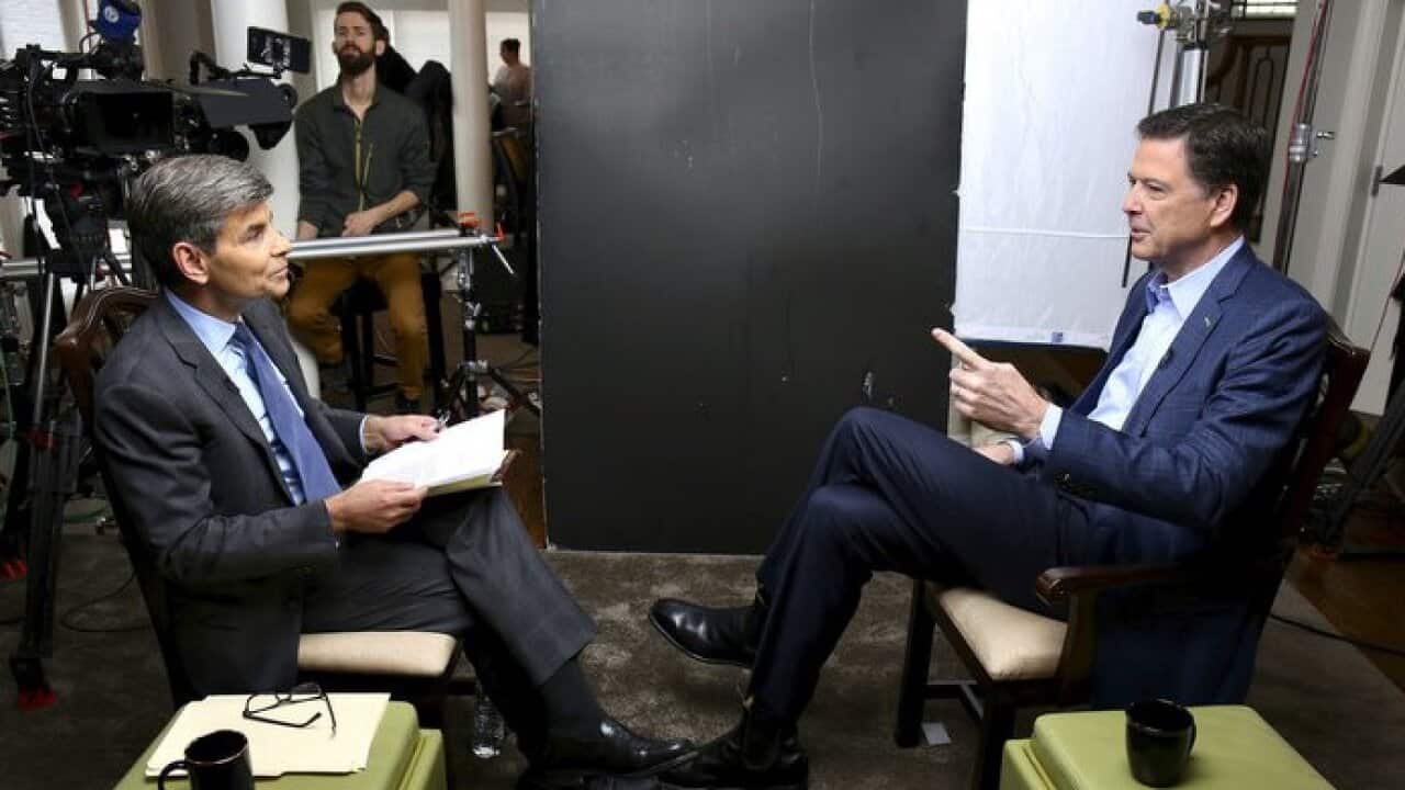 ABC News, correspondent George Stephanopoulos (L) appears with former FBI director James Comey for a taped interview that has been aired on Sunday, April 15