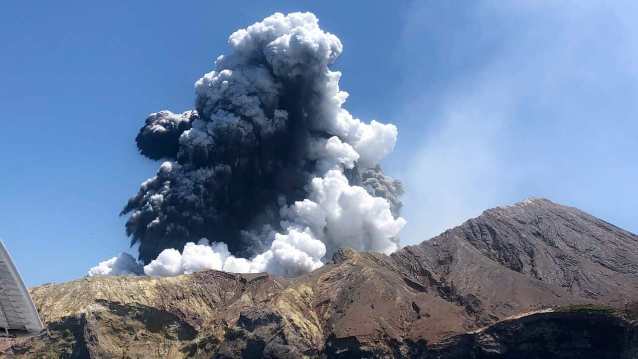 FILE - In this Monday, Dec. 9, 2019, file photo provided by Lillani Hopkins, shows the eruption of the volcano on White Island off the coast of Whakatane, New Zealand. (Lillani Hopkins via AP, file)