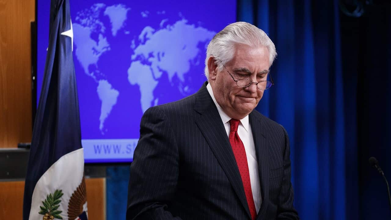 Outgoing US Secretary of State Rex Tillerson delivering farewell remarks at the State Department.