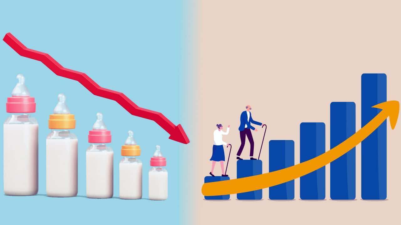 Left: Fertility decline concept. Depopulation, demographic crisis. Baby bottles in the form of graph and down arrow. Declining Birth Rate inscription. 3d illustration; Right: Aging society, world population aging problem, workforce crisis by low birth rate compare to senior elderly or retiree increase, elderly senior couple walk up rising, increasing graph of aged citizen.
