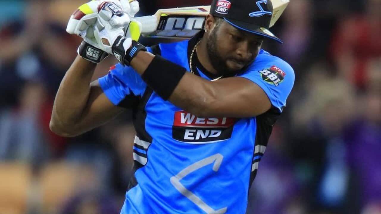 Kieron Pollard for the Strikers reacts.