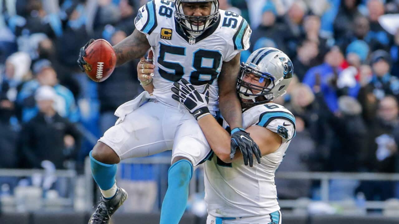 Carolina Panthers players Thomas Davis (L) and Ryan Kalil (R)