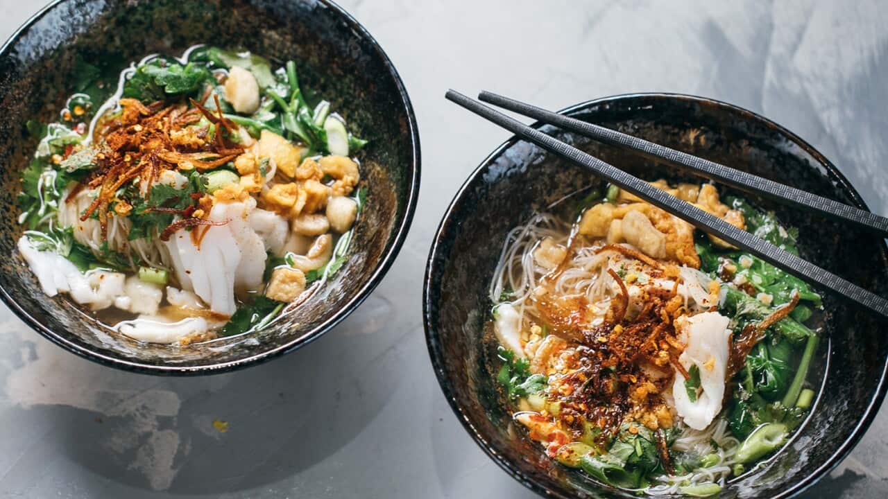 Rice noodles with coral trout