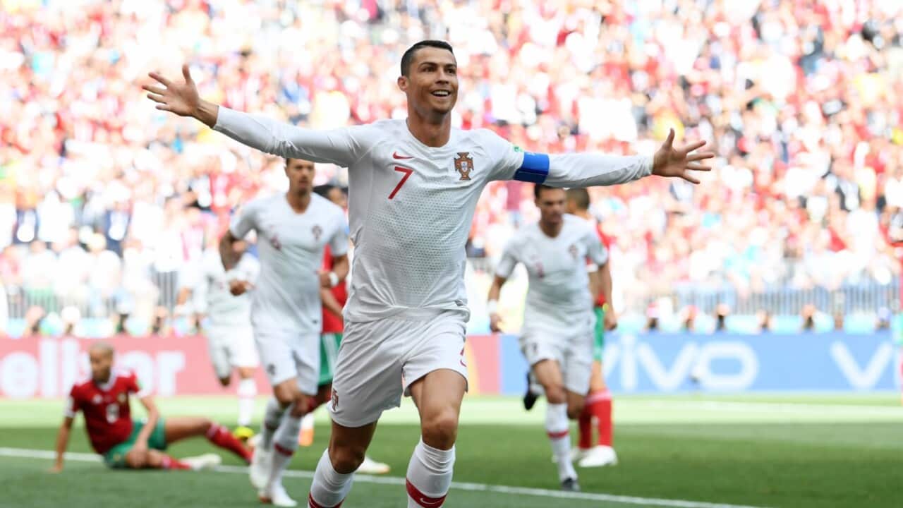 Cristiano Ronaldo of Portugal celebrates after scoring his team's first goal against Morocco.