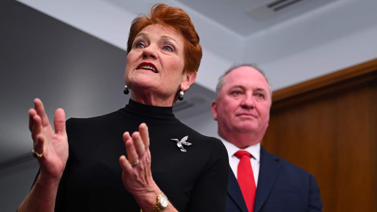 Pauline Hanson, speaking and waving her hands. Barnaby Joyce is behind her.
