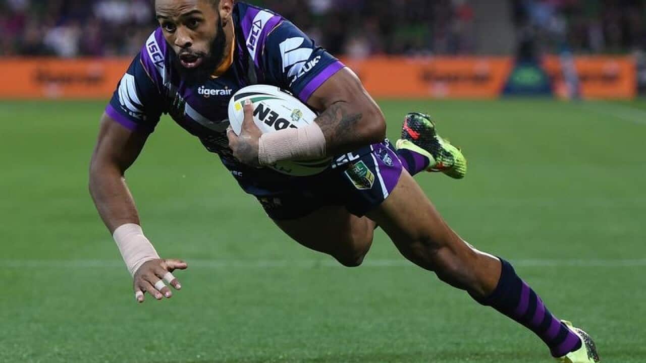 Josh Addo-Carr of the Storm scores a try