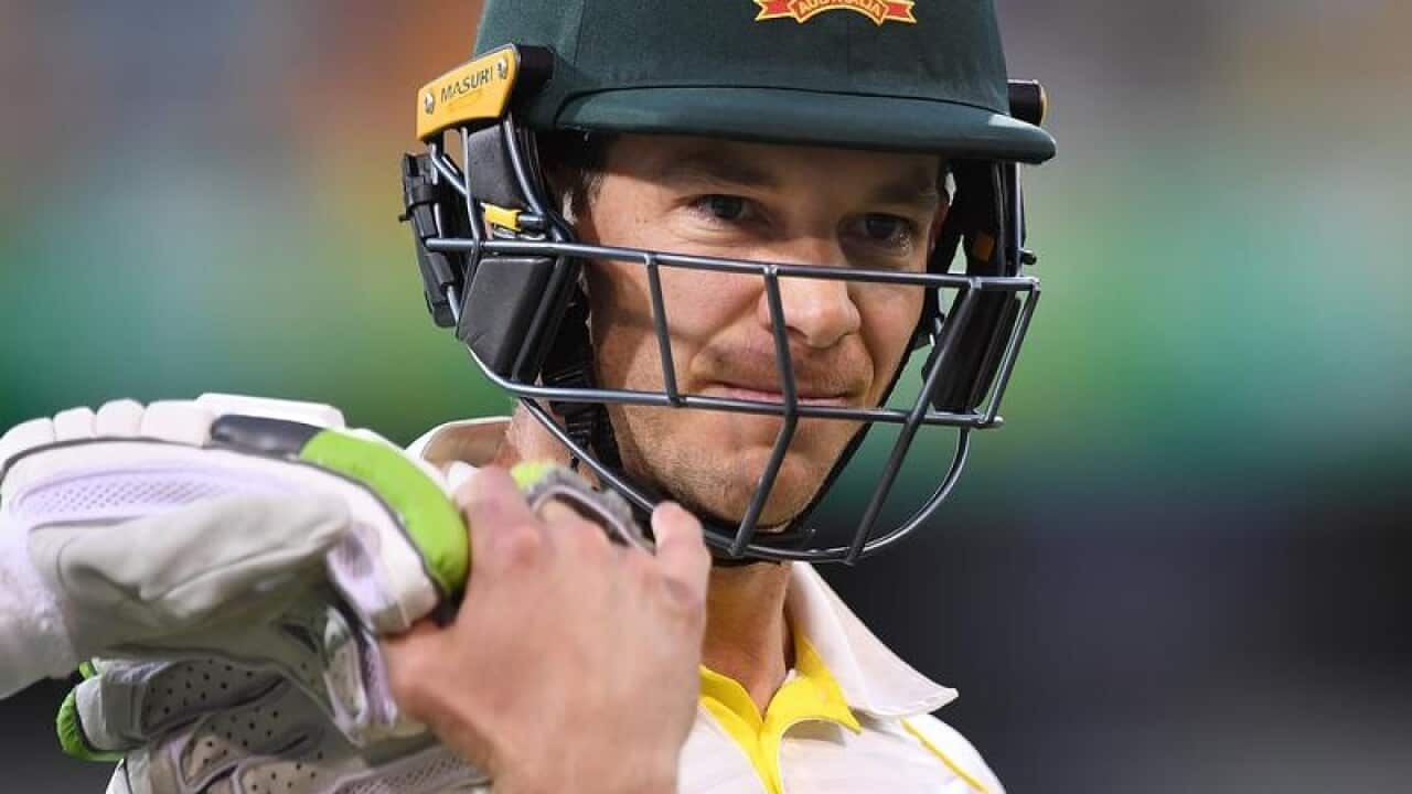 Australian captain Tim Paine departs after being dismissed.