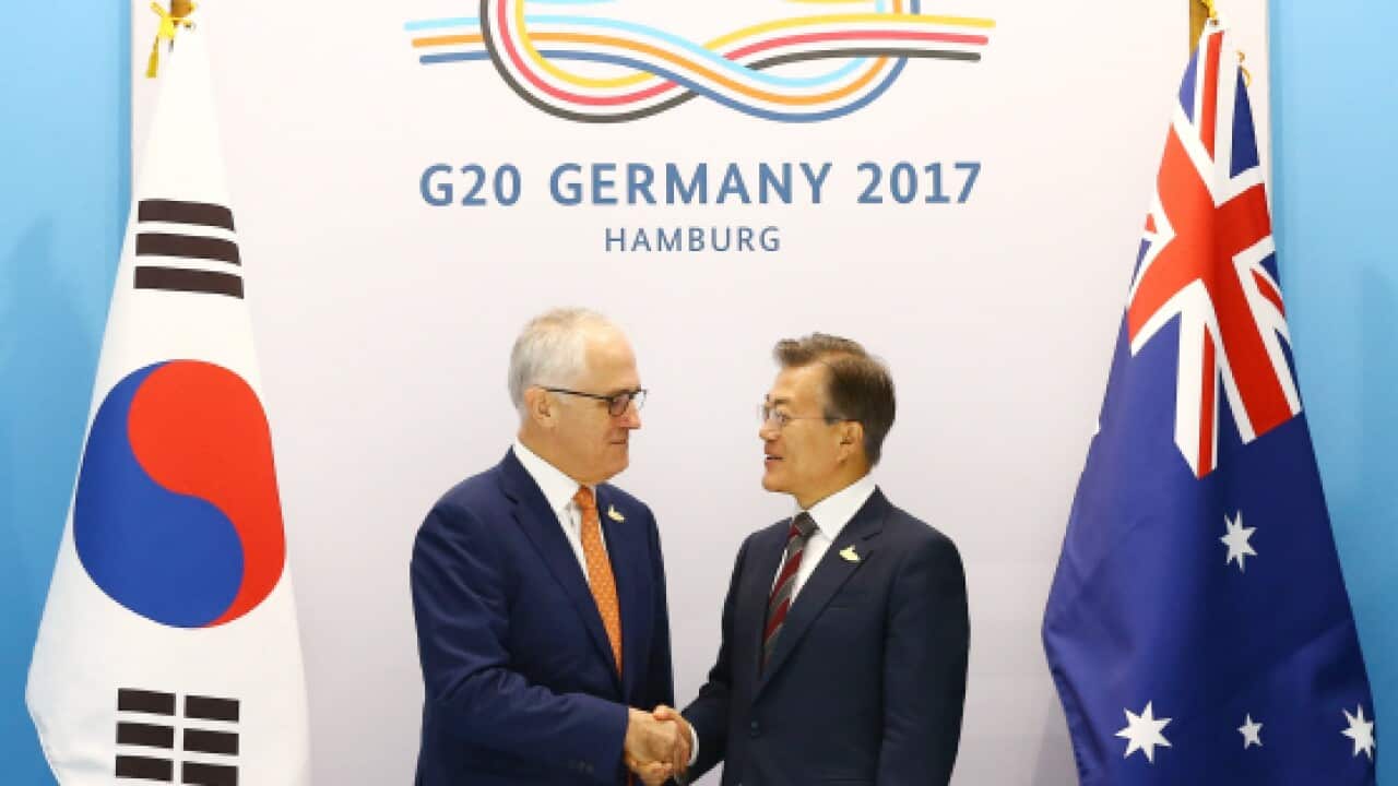 Prime Minister Turnbull and President Moon in July in Germany