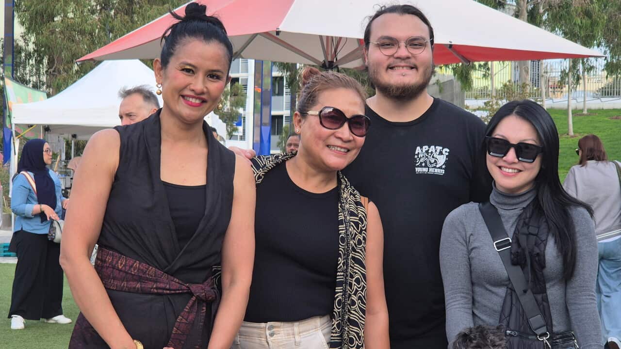 Kathy Kimpton (left) and her friends enjoying PERWIRA’s Mahasuara Rhythms Festival at Pahran Square, Melbourne – 2 May 2026. Photo courtesy: SPD.