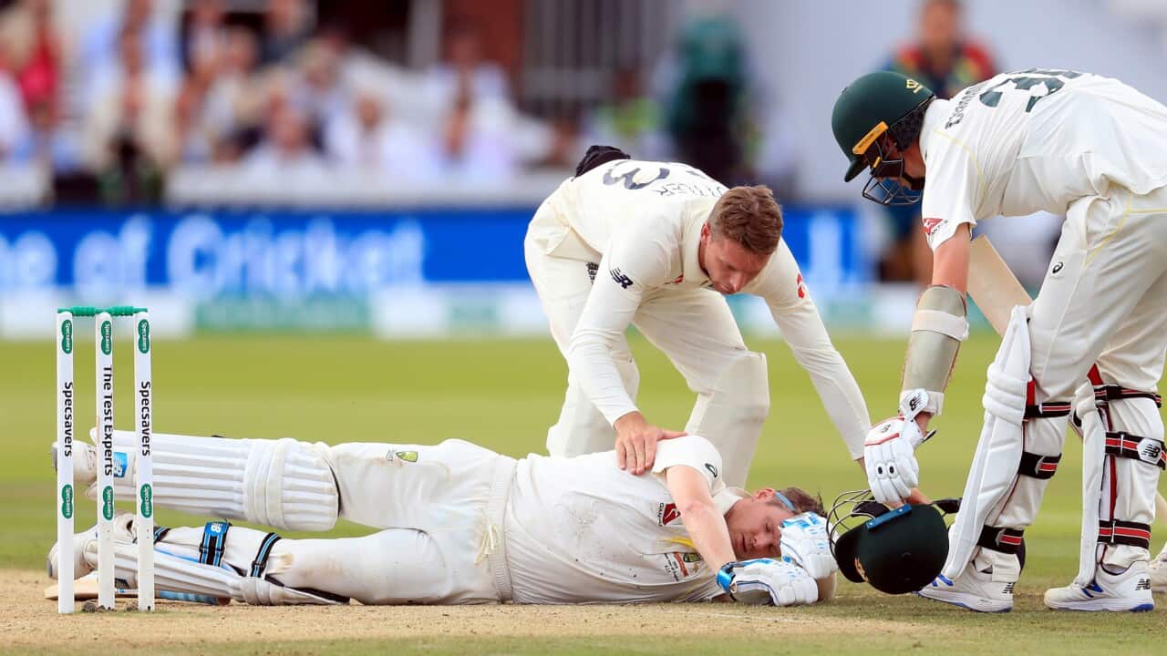 Australia's Steve Smith ends up on the floor after being hit by the ball during day four of the Ashes Test match at Lord's, London.