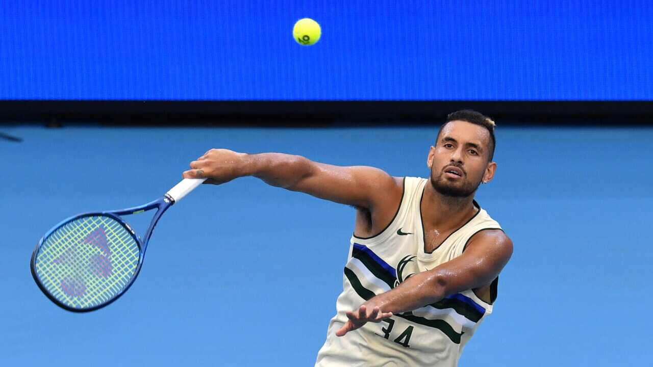 Nick Kyrgios practises in Brisbane