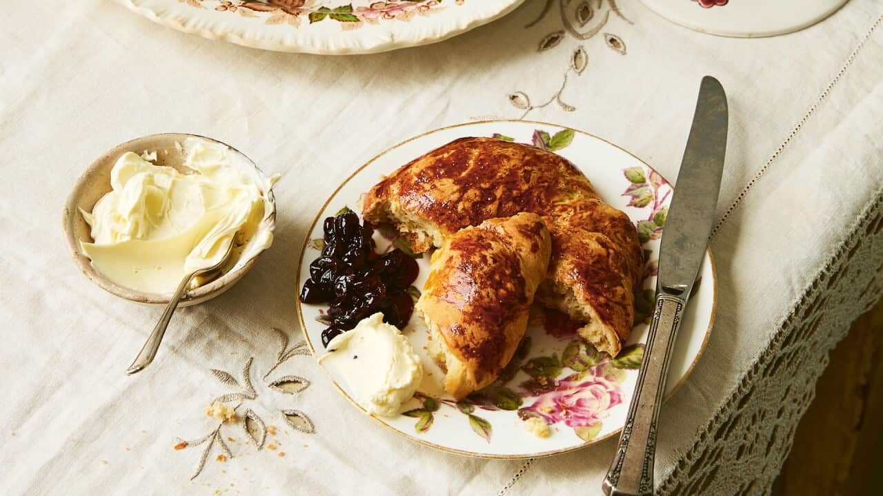 Turkish butter bun rings, served with cherry jam and clotted cream.