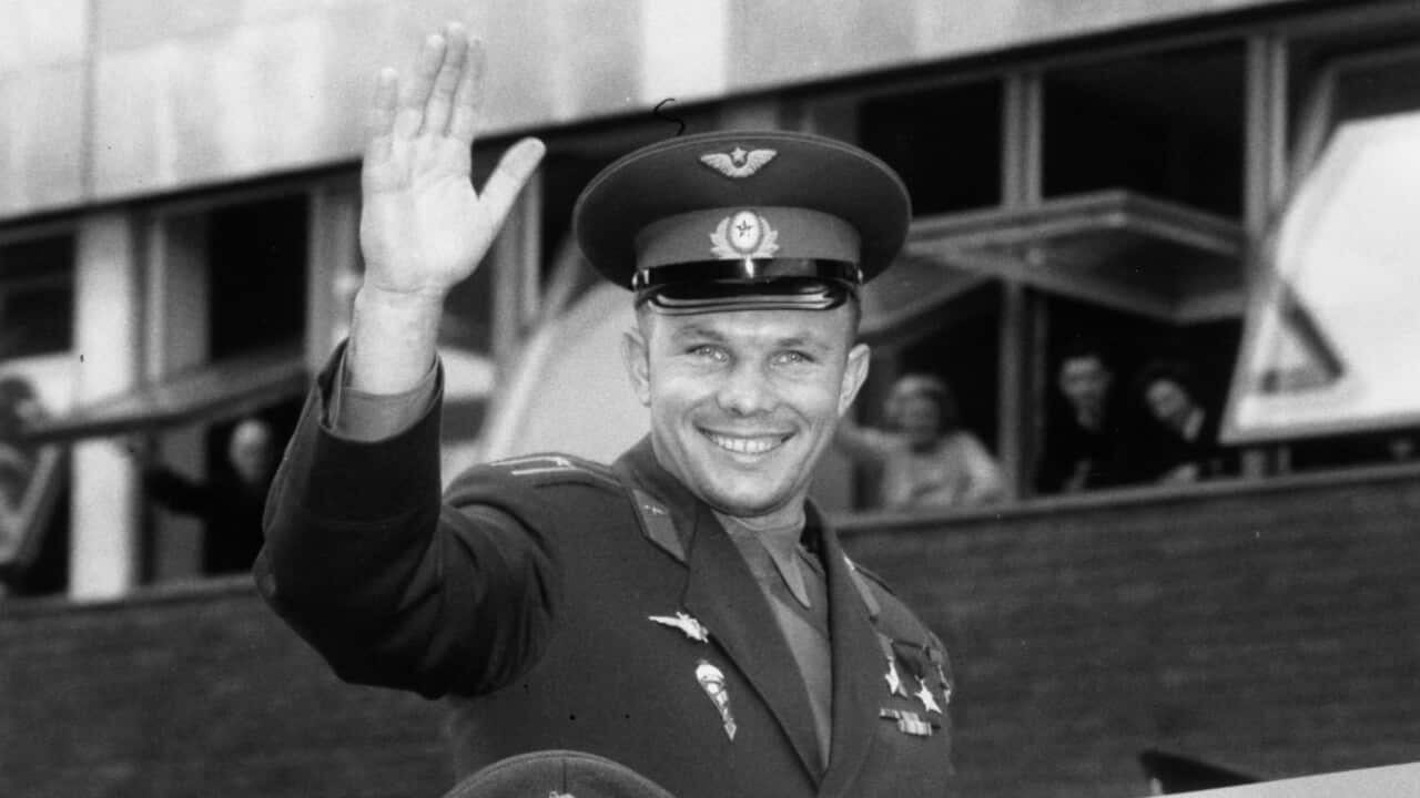 Soviet cosmonaut and the first man to travel in space, Yury Alekseyvich Gagarin (1934 - 1968) arriving in London for a Russian trade fair. (Photo by Douglas Miller/Getty Images)