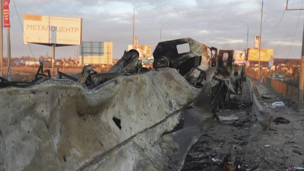 epa09792542 Destroyed Russian machinery as a consequence of recent fighting near Kiev, Ukraine, 28 February 2022. Russian troops entered Ukraine on 24 February triggering international crisis. EPA/ALISA YAKUBOVYCH