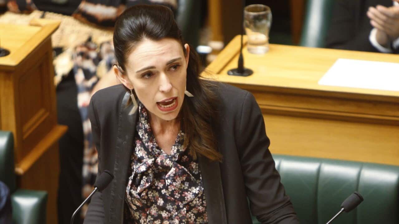 New Zealand Prime Minister Jacinda Ardern talks in Parliament in Wellington, New Zealand Thursday, Nov. 7, 2019. New Zealand lawmakers joined forces across the aisle to pass a bill aimed at combating climate change. (AP Photo/Nick Perry)