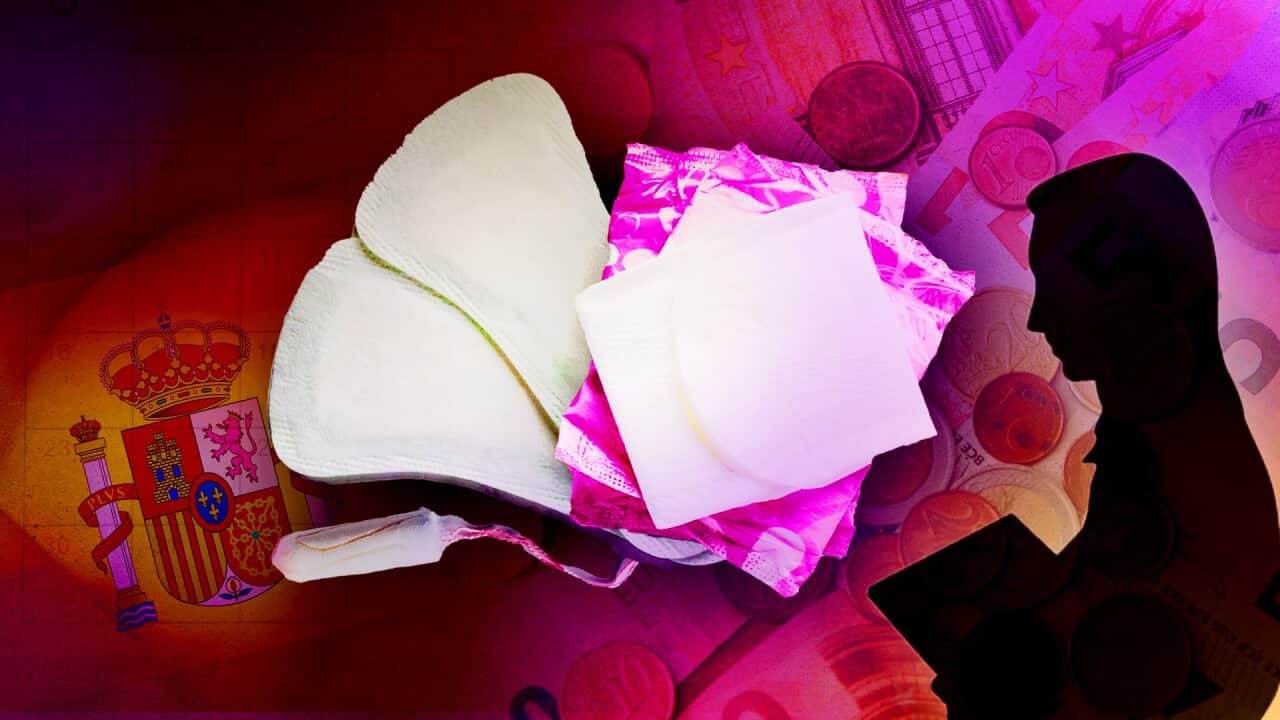 A graphic showing the Spanish flag, sanitary products, Euro coins and notes, and a women's silhouette