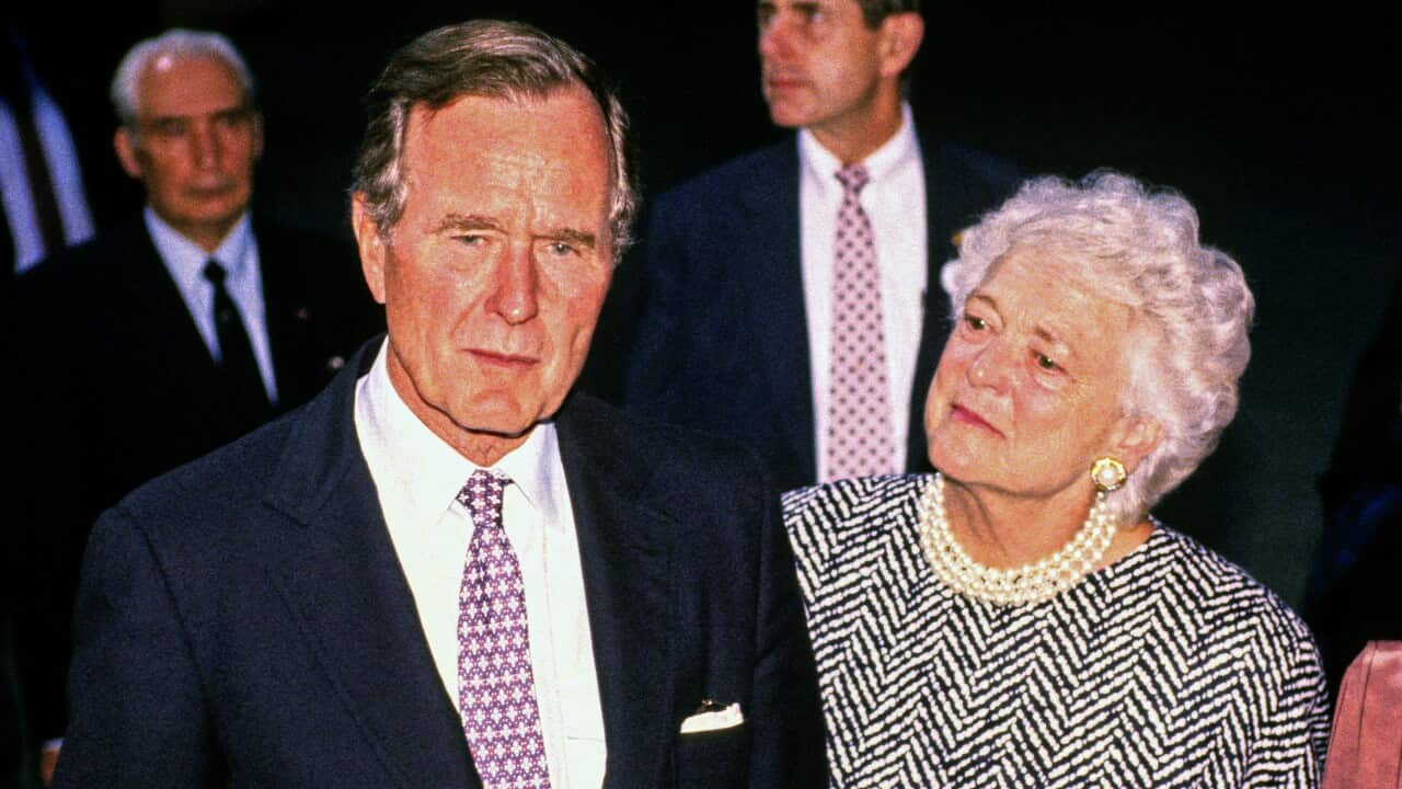 United States President George HW Bush with first lady Barbara Bush. 