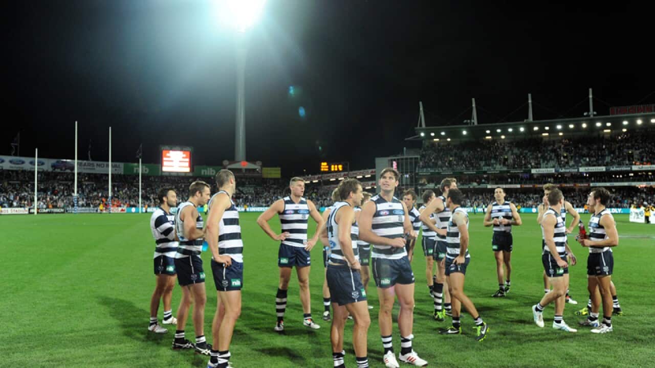 Geelong players at Simonds Stadium