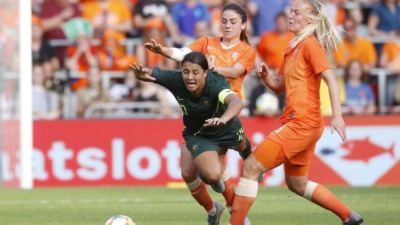 Sam Kerr of Australia, Danielle van de Donk and Stefanie van der Gragt of the Netherlands during the women's international friendly.