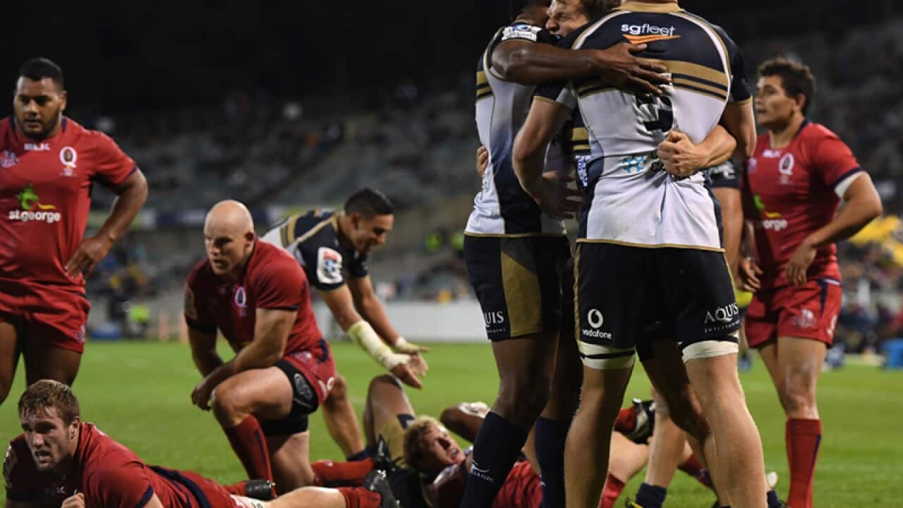 The Brumbies celebrate James Dargaville's try