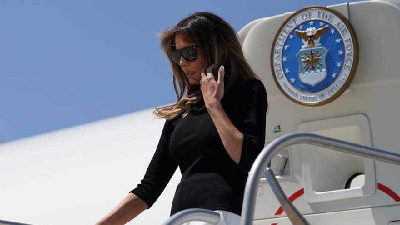First lady Melania Trump arrives at Davis Monthan Air Force Base, Thursday, June 28, 2018, en route to a U.S. Customs and border and protection facility in Tucson, Arizona.