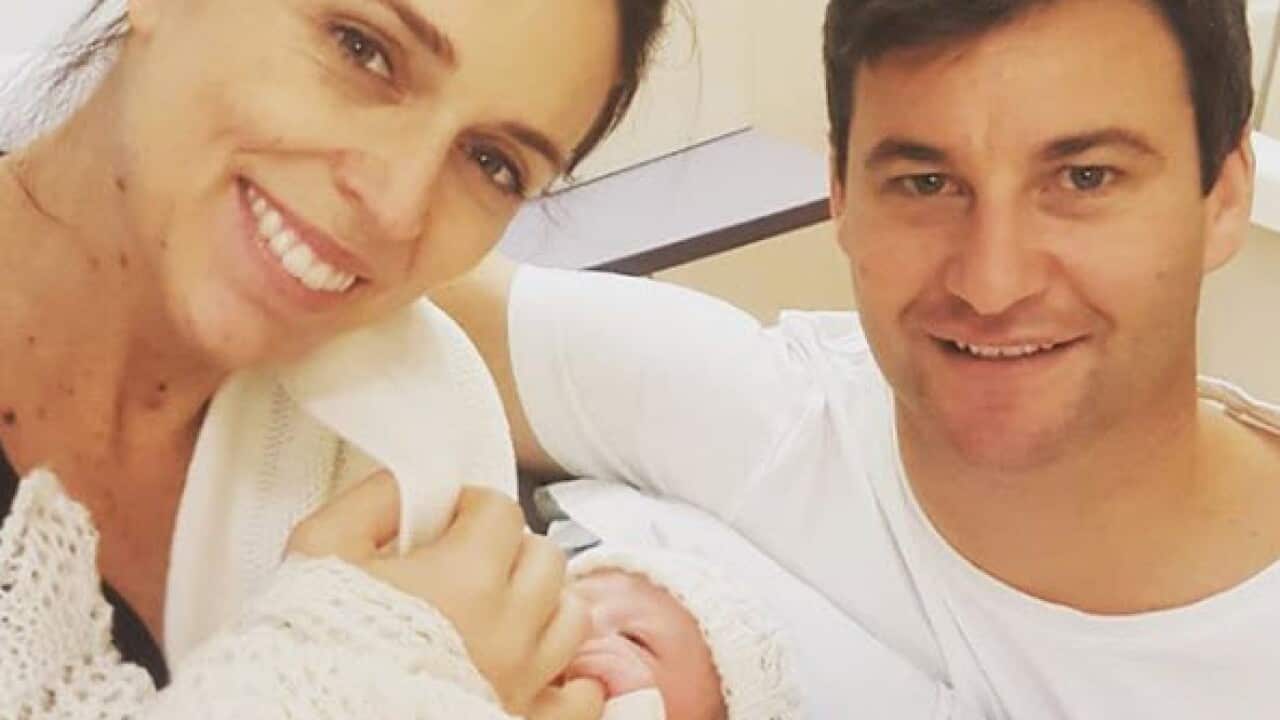Jacinda Ardern and partner Clarke Gayford and their new baby girl.