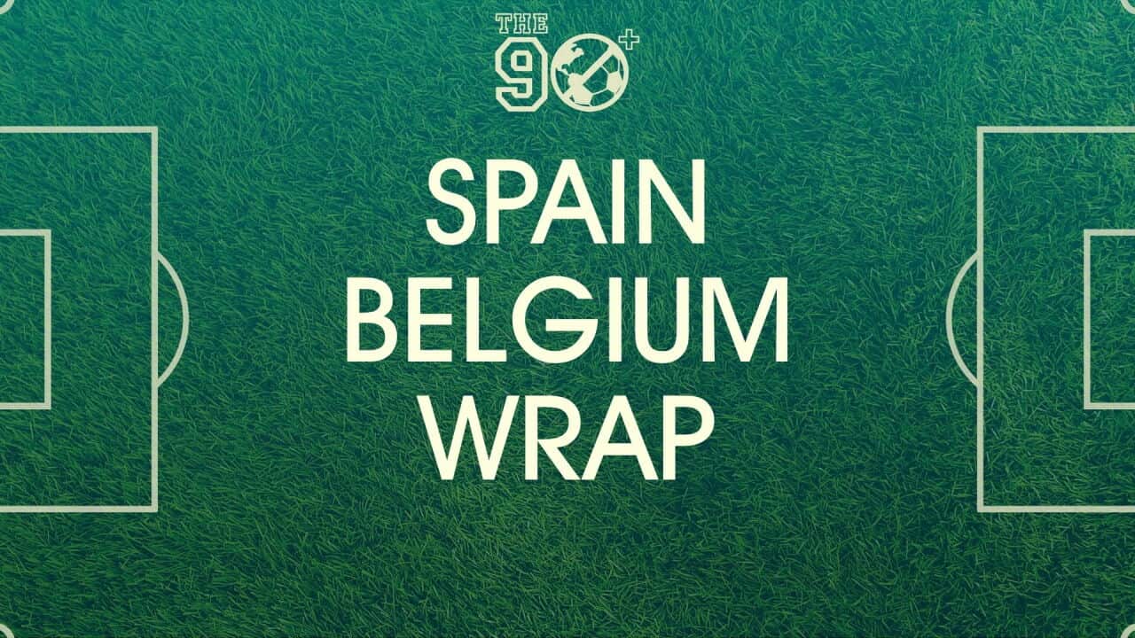 A football pitch with the words 'Spain Belgium Wrap'
