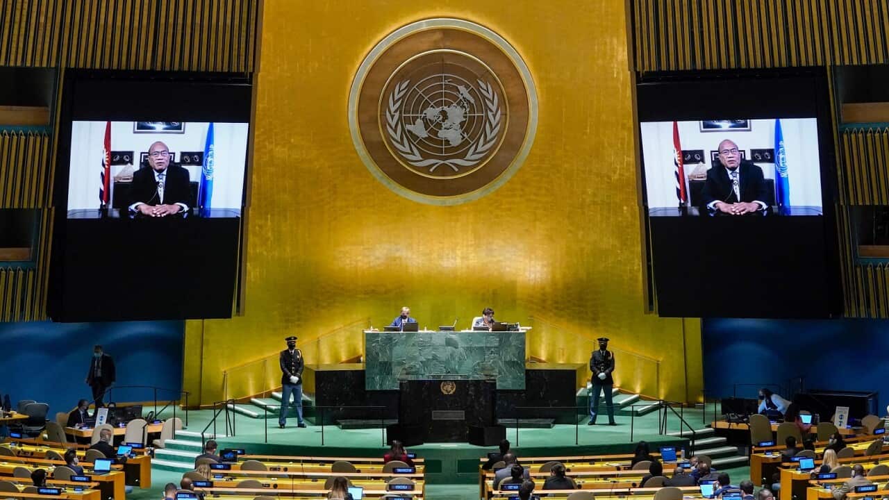 Kiribati's President Taneti Maamau remotely addresses the 76th session of the United Nations General Assembly at UN headquarters on September 23, 2021 in New York. (Photo by Mary Altaffer / POOL / AFP) (Photo by MARY ALTAFFER/POOL/AFP via Getty Images)