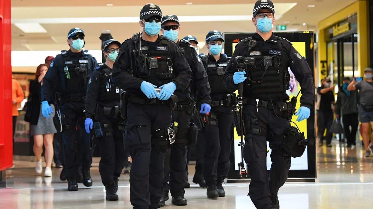 Victoria Police patrol Chadstone Shopping Centre following an anti-lockdown protest in Melbourne.