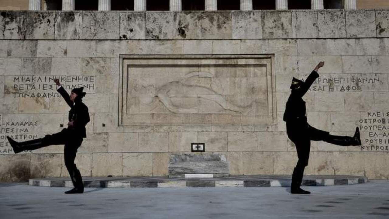 Pontic Greek guards perform outside the Greek parliament on May 19, 2017, the day of remembrance of the Pontic Greek Genocide.