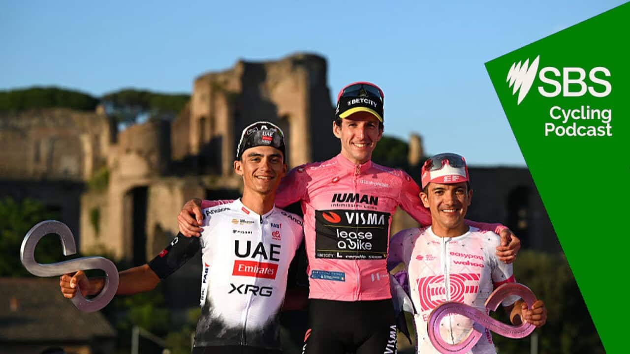 ROME, ITALY - JUNE 01: (L-R) Isaac Del Toro of Mexico and Team UAE Team Emirates - XRG on second place, race winner Simon Yates of Great Britain and Team Visma | Lease a Bike - Pink Leader Jersey and Richard Carapaz of Ecuador and Team EF Education - EasyPost on third place pose on the podium ceremony after the 108th Giro d'Italia 2025, Stage 21 a 144.8km stage from Rome to Rome / #UCIWT / on June 01, 2025 in Rome, Italy. (Photo by Dario Belingheri/Getty Images)