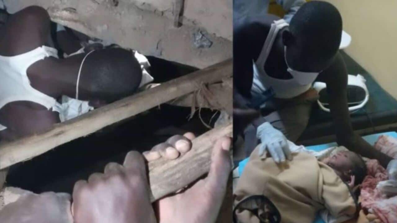 Maker Mayen and Kom rescuing the baby in the pit latrine