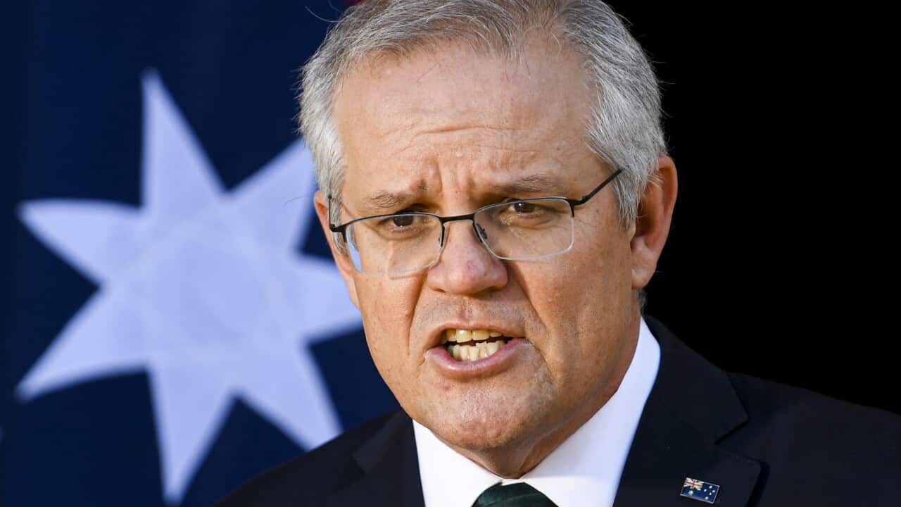 Prime Minister Scott Morrison speaks to the media during a press conference at the Lodge in Canberra.