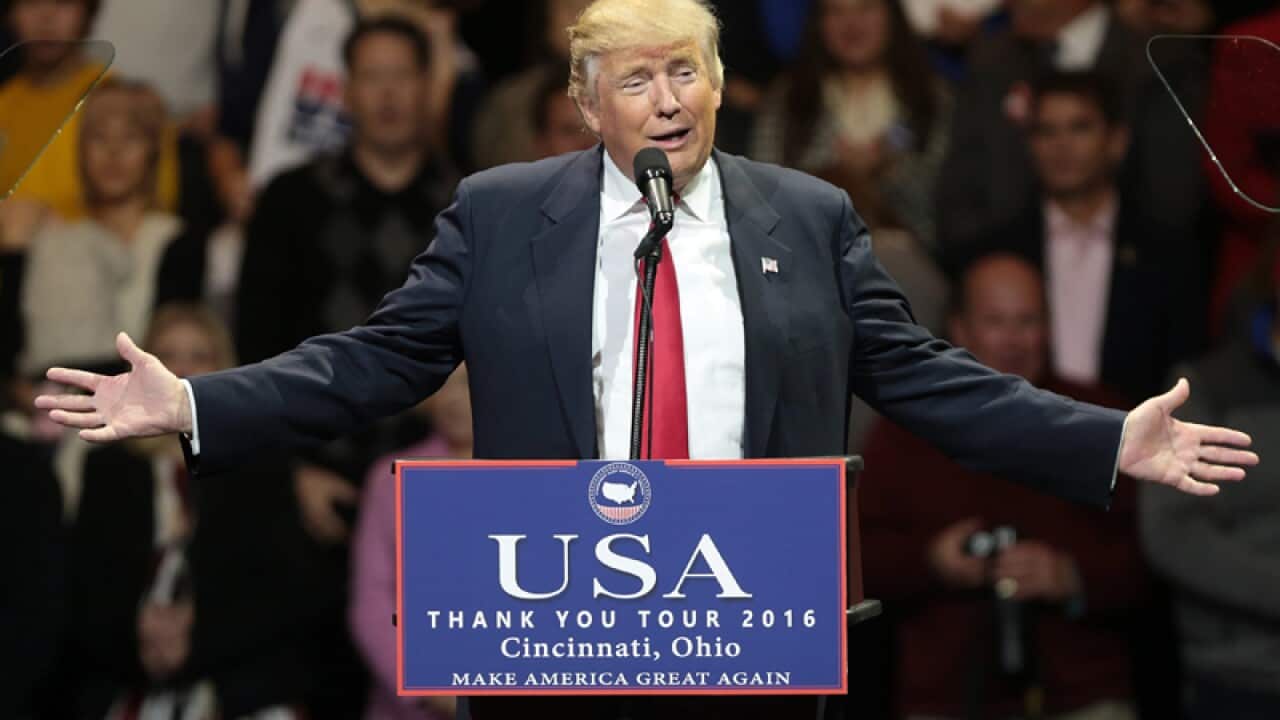 Donald Trump speaks at a rally in Cincinnati