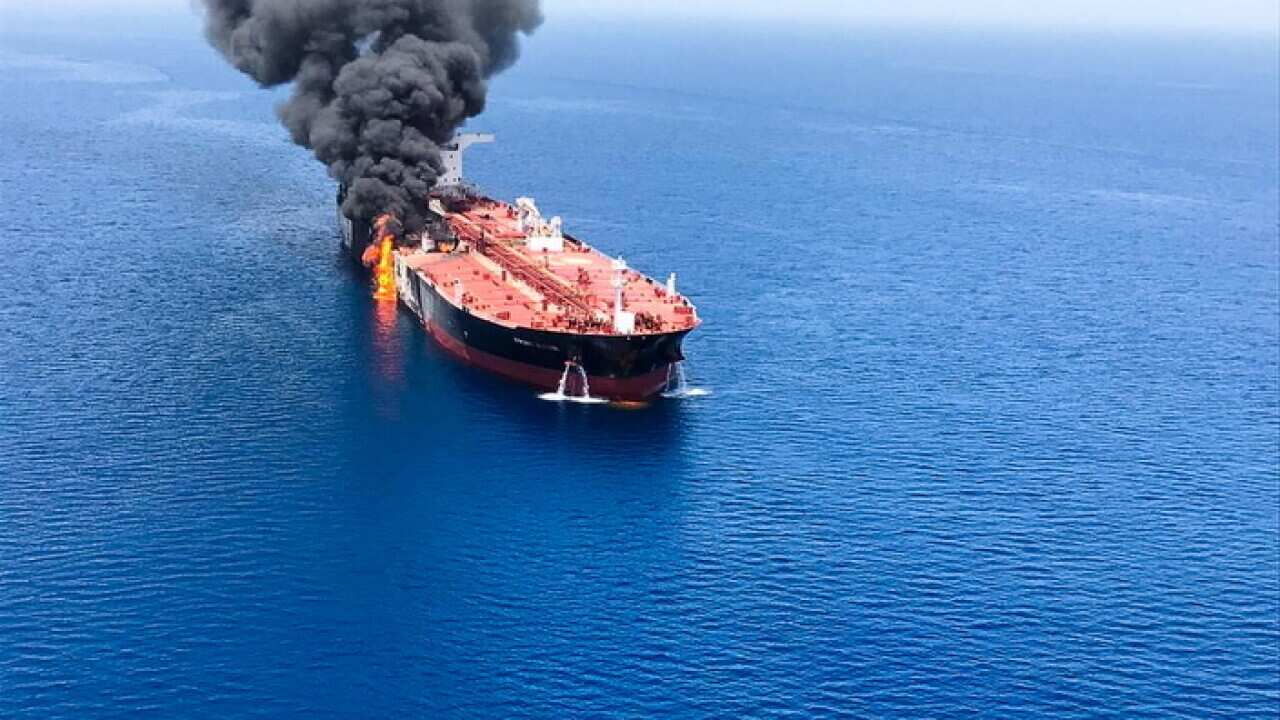 The crude oil tanker Front Altair on fire in the Gulf of Oman, 13 June 2019. According to the Norwegian Maritime Authority, the Front Altair is currently on fire in the Gulf of Oman after allegedly being attacked and in the early morning of 13 June betwee