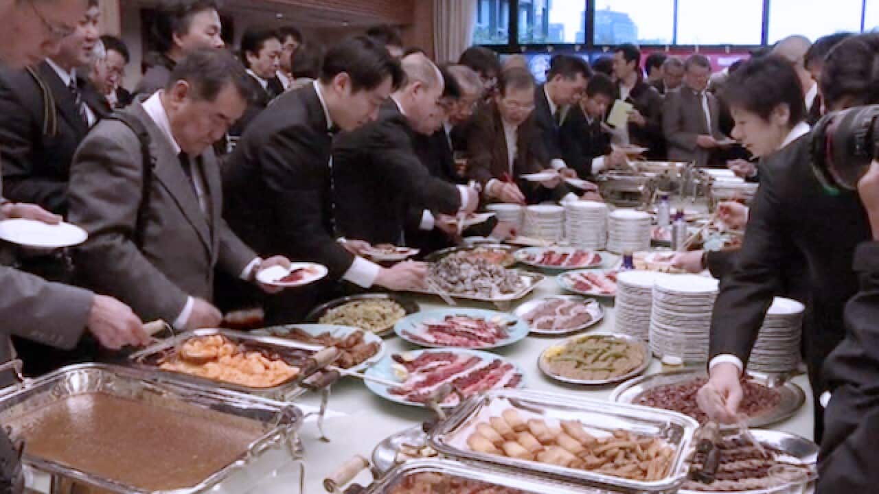 Hundreds of Japanese officials and pro-whaling lobbyists eat whale in defiance of a international court ruling that ordered Japan  to stop its Antarctic whaling program. (AAP)