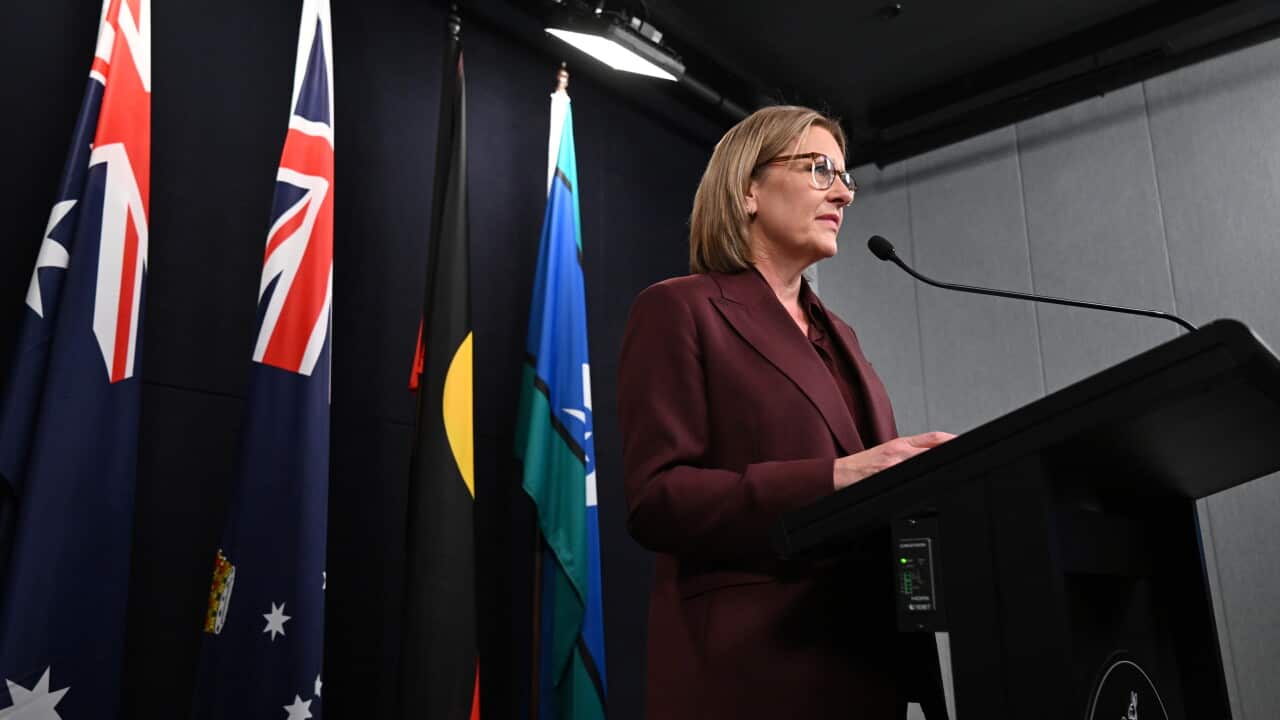 A middle aged white woman in a maroon suit standing at a podium