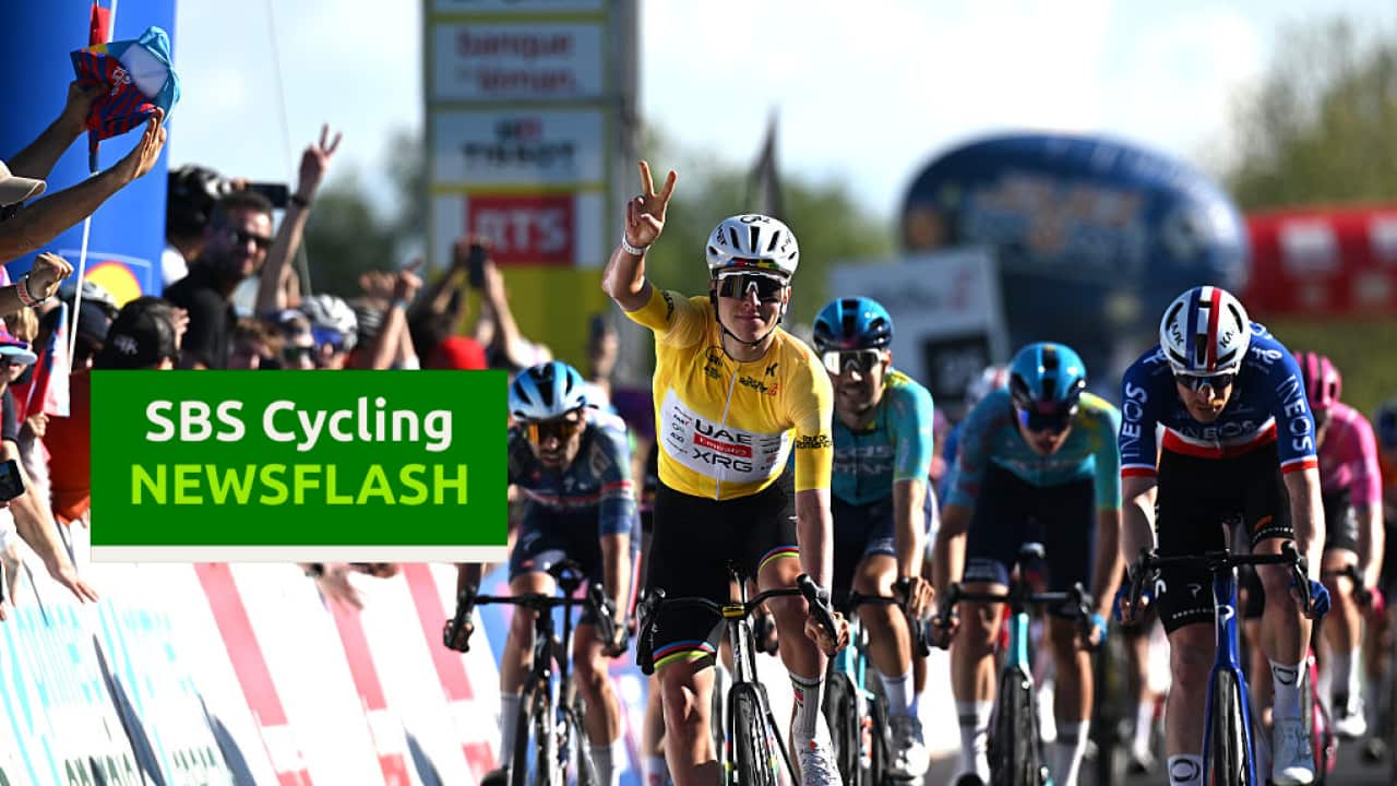 VUCHERENS, SWITZERLAND - APRIL 30: (L-R) Tadej Pogacar of Slovenia and UAE Team Emirates - XRG - Yellow Leader Jersey celebrates at finish line as stage winner ahead of Dorian Godon of France and Team INEOS Grenadiers during the 79th Tour de Romandie 2026, Stage 2 a 173.1km stage from Rue to Vucherens 681m / #UCIWT / on April 30, 2026 in Vucherens, Switzerland. (Photo by Dario Belingheri/Getty Images)