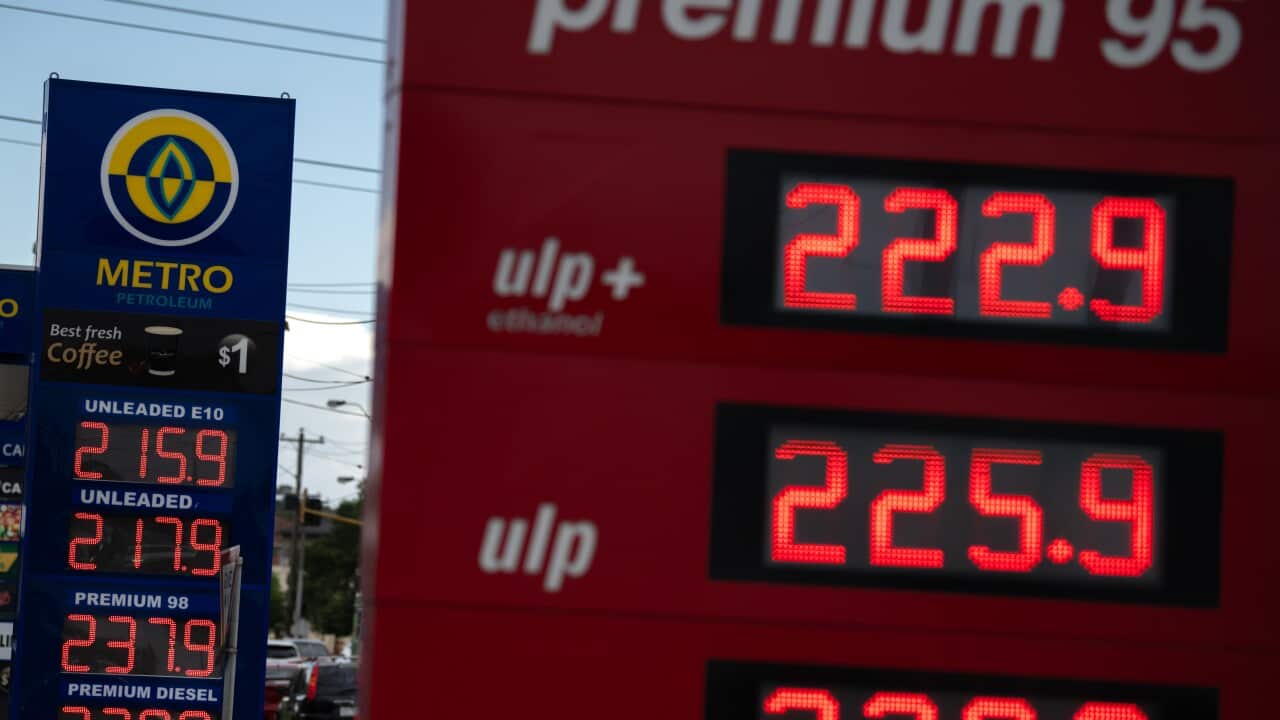 A photo of a petrol station. Prices on the price tower start at $2.15 per litre of Unleaded E10 and get steadily more expensive from there.