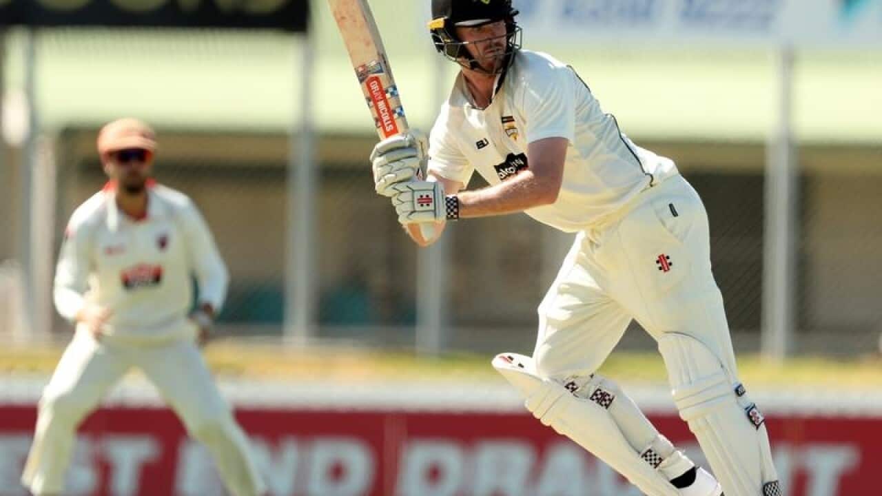 Ashton Turner of the Warriors plays a shot during a cricket match.