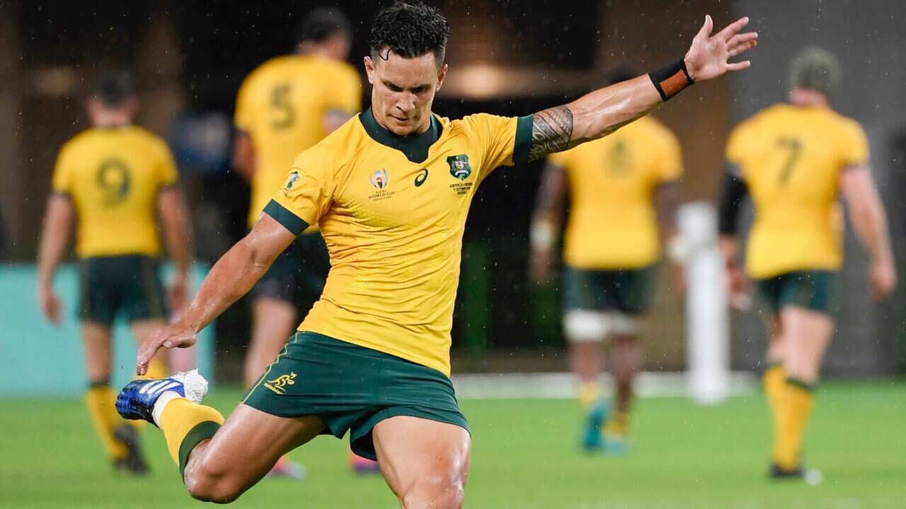 Matt Toomua of Australia kicks a conversion during the first half of a Rugby World Cup Pool D match against Georgia in Fukuroi, central Japan, on Oct. 11, 2019. (Kyodo via AP Images) ==Kyodo